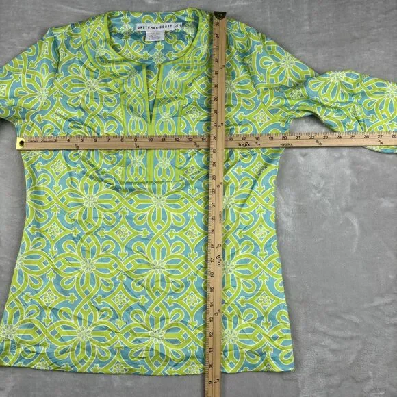 Gretchen Scott Designs Green Blue White Pattern Cotton Tunic Top Sz Large spring - Picture 8 of 9